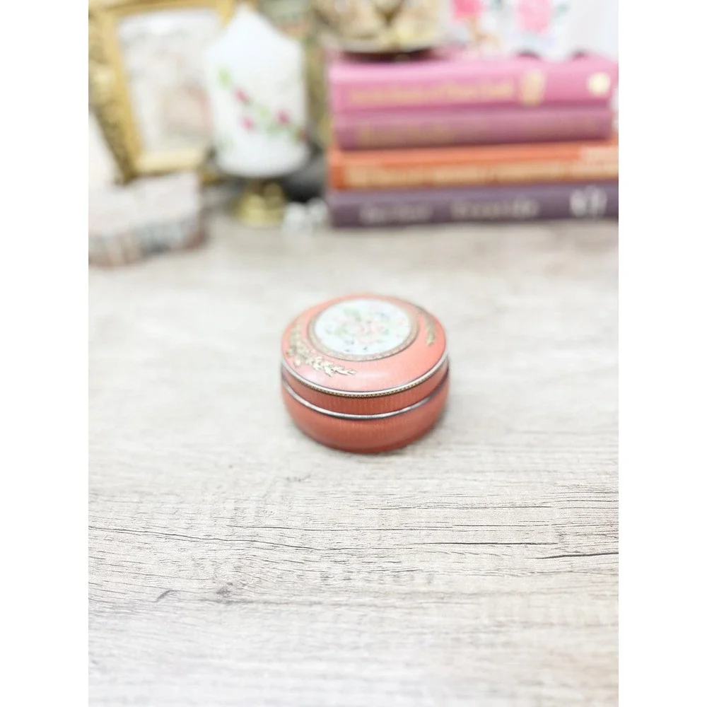 Vintage Pink Floral Tin, Gold Metal Storage Tin Made in England